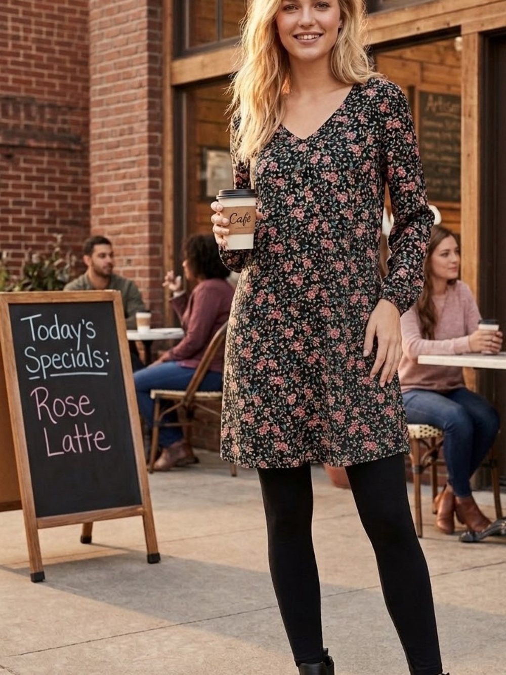 Old Navy Black Floral V-Neck Long Sleeve Dress with Pink Roses 🌹 mini tunic